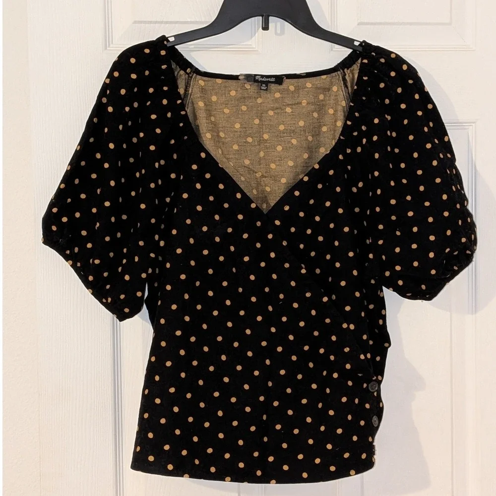 Madewell Black Polka Dot Corduroy Top Side Button Short Puff Sleeve XL NWOT
